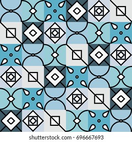 Ornamental aesthetic seamless pattern. Tile mosaic repeating vector Illustration in trendy blue palette. Geometric flat background for brochure, flyer, printing on fabric or paper and any your design.