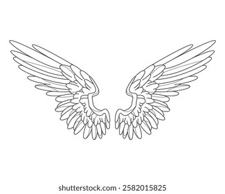 Ornamental angel wings or bird feather contour. Vector angelic or divine, spiritual or heaven, freedom and flight tattoo. Hawk or phoenix, eagle element. Symbol for inspiration and medieval heraldic.