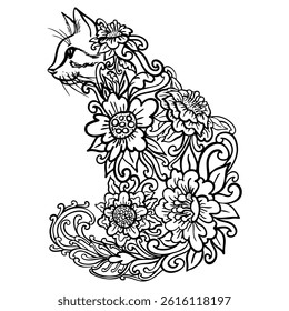 Ornamental animal 4, cat with flowers, object isolated on white background. Coloring page-420.