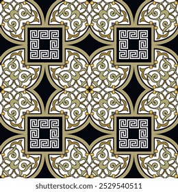 Ornamental arabesque golden seamless pattern with greek key meander square frames. Vintage floral background. Repeat vector beautiful ornaments. Modern design. Endless ornate patterned texture.