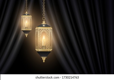 Ornamental, arabesque lanterns, lamps, decorated arab pattern hang on gilded chainlet near dark drapes. curtains. Eid of Ramadan decoration. Vector template for oriental, islamic design. Copy space.