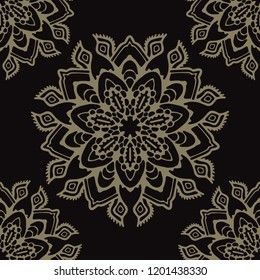 Ornamental Arabesque Mandalas Seamless Vector Pattern, Hand Drawn Boho Ornament Flourish Illustration for Trendy Home Decor, Yoga Fashion Print, Indian Style Tattoo Designs. Meditation Background.