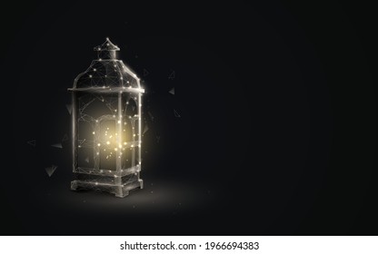 Ornamental Arabic lantern with burning candle glowing. Ramadan Kareem. Low poly, geometric, wire, Particles, lines, and triangles outline. Vector illustration