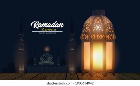 Ornamental Arabic lantern on the wood floor with Ramadan kareem background at night. invitation for Muslim holy month Ramadan Kareem.
