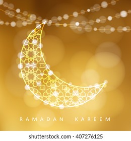 Ornamental arabic moon. Golden glitter festive background. Bokeh lights. Greeting card, invitation for muslim community holy month Ramadan Kareem. Vector illustration.