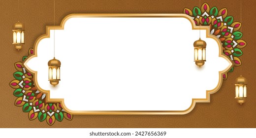 ornamental arch eid mubarak ramadan or ramadhan islamic background banner frame.Translation: "Muslim fasting month and celebration day after fasting"