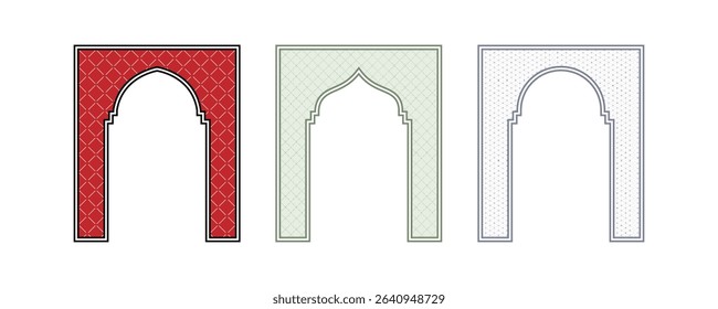 Ornamental arch frame with seamless diamond pattern design in Islamic traditional architectural style vector illustration for vintage window decoration.