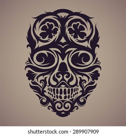The ornamental art of a monsters skull, possible for use as a tattoo. Vector image.