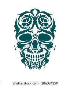 The ornamental art of a skull, possible for use as a tattoo. Vector image.