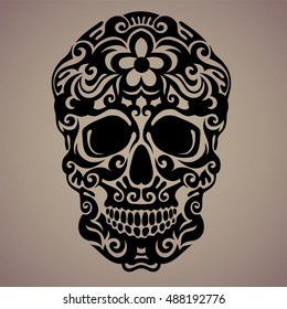 The ornamental art of a skull, possible for use as a tattoo. Vector image.