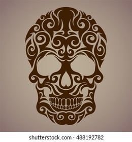 The ornamental art of a skull, possible for use as a tattoo. Vector image.