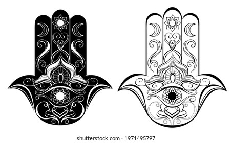 Ornamental, artistic Hamsa hand drawn in black contour on white background. Fatima Hand.