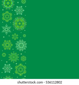 Ornamental artistic vector design for Merry christmas cards. Snowflakes seamless pattern on green background in abstract style. Freehand ethnic Xmas sketch with copy space. New Year 2019 collection.