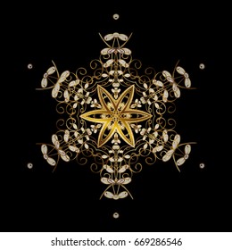 Ornamental artistic vector illustration in black colors for Merry christmas cards. New Year 2018 collection. Black golden snowflakes in abstract style. Freehand ethnic Xmas sketch.