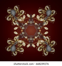 Ornamental artistic vector illustration in brown colors for Merry christmas cards. Freehand ethnic Xmas sketch. Brown golden snowflakes in abstract style. New Year 2019 collection.