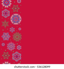 Ornamental artistic vector illustration for Merry christmas cards. Snowflakes seamless pattern in abstract style. Freehand ethnic Xmas sketch with copy space. New Year 2017 art on a red background.