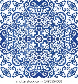 Ornamental azulejo portugal tiles decor. Vector seamless pattern collage. Bathroom design. Blue gorgeous flower folk print for linens, smartphone cases, scrapbooking, bags or T-shirts.
