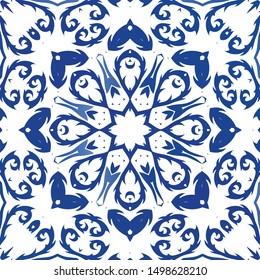 Ornamental azulejo portugal tiles decor. Vector seamless pattern flyer. Graphic design. Blue gorgeous flower folk print for linens, smartphone cases, scrapbooking, bags or T-shirts.