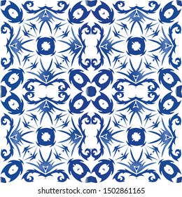 Ornamental azulejo portugal tiles decor. Vector seamless pattern collage. Universal design. Blue gorgeous flower folk print for linens, smartphone cases, scrapbooking, bags or T-shirts.