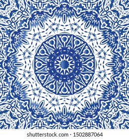 Ornamental azulejo portugal tiles decor. Kitchen design. Vector seamless pattern texture. Blue gorgeous flower folk print for linens, smartphone cases, scrapbooking, bags or T-shirts.