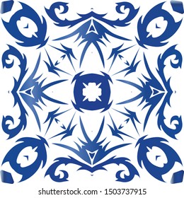 Ornamental azulejo portugal tiles decor. Vector seamless pattern watercolor. Stylish design. Blue gorgeous flower folk print for linens, smartphone cases, scrapbooking, bags or T-shirts.