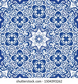 Ornamental azulejo portugal tiles decor. Colored design. Vector seamless pattern trellis. Blue gorgeous flower folk print for linens, smartphone cases, scrapbooking, bags or T-shirts.
