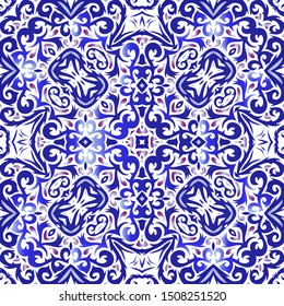 Ornamental azulejo portugal tiles decor. Colored design. Vector seamless pattern trellis. Blue gorgeous flower folk print for linens, smartphone cases, scrapbooking, bags or T-shirts.