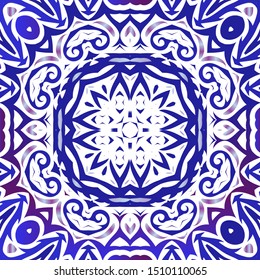 Ornamental azulejo portugal tiles decor. Colored design. Vector seamless pattern trellis. Blue gorgeous flower folk print for linens, smartphone cases, scrapbooking, bags or T-shirts.