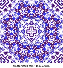 Ornamental azulejo portugal tiles decor. Vector seamless pattern trellis. Geometric design. Blue gorgeous flower folk print for linens, smartphone cases, scrapbooking, bags or T-shirts.