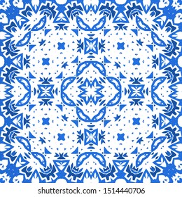 Ornamental azulejo portugal tiles decor. Vector seamless pattern concept. Universal design. Blue gorgeous flower folk print for linens, smartphone cases, scrapbooking, bags or T-shirts.