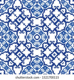 Ornamental azulejo portugal tiles decor. Fashionable design. Vector seamless pattern flyer. Blue gorgeous flower folk print for linens, smartphone cases, scrapbooking, bags or T-shirts.