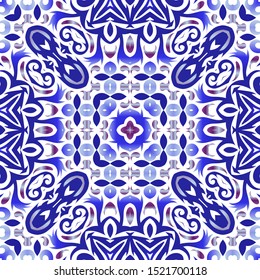 Ornamental azulejo portugal tiles decor. Vector seamless pattern watercolor. Kitchen design. Blue gorgeous flower folk print for linens, smartphone cases, scrapbooking, bags or T-shirts.