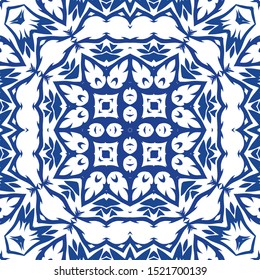 Ornamental azulejo portugal tiles decor. Vector seamless pattern concept. Universal design. Blue gorgeous flower folk print for linens, smartphone cases, scrapbooking, bags or T-shirts.
