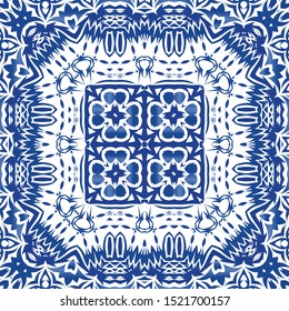 Ornamental azulejo portugal tiles decor. Kitchen design. Vector seamless pattern texture. Blue gorgeous flower folk print for linens, smartphone cases, scrapbooking, bags or T-shirts.