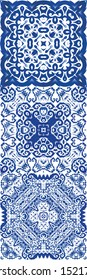 Ornamental azulejo portugal tiles decor. Universal design. Collection of vector seamless patterns. Blue gorgeous flower folk prints for linens, smartphone cases, scrapbooking, bags or T-shirts.
