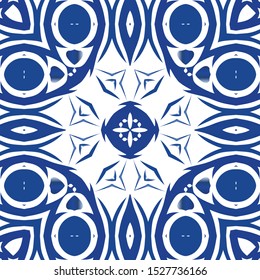Ornamental azulejo portugal tiles decor. Vector seamless pattern template. Stylish design. Blue gorgeous flower folk print for linens, smartphone cases, scrapbooking, bags or T-shirts.