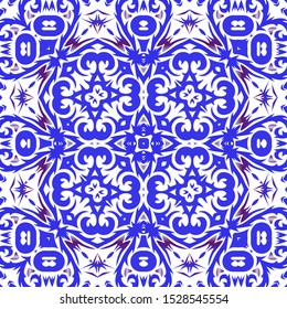 Ornamental azulejo portugal tiles decor. Creative design. Vector seamless pattern collage. Blue gorgeous flower folk print for linens, smartphone cases, scrapbooking, bags or T-shirts.