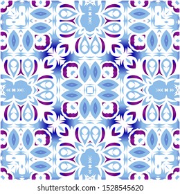 Ornamental azulejo portugal tiles decor. Vector seamless pattern template. Minimal design. Blue gorgeous flower folk print for linens, smartphone cases, scrapbooking, bags or T-shirts.