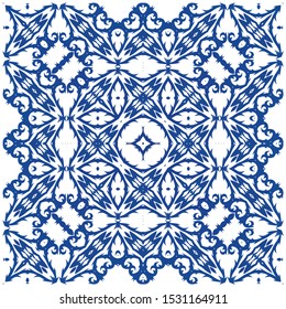 Ornamental azulejo portugal tiles decor. Fashionable design. Vector seamless pattern flyer. Blue gorgeous flower folk print for linens, smartphone cases, scrapbooking, bags or T-shirts.
