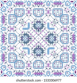 Ornamental azulejo portugal tiles decor. Fashionable design. Vector seamless pattern trellis. Blue gorgeous flower folk print for linens, smartphone cases, scrapbooking, bags or T-shirts.