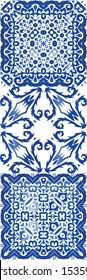 Ornamental azulejo portugal tiles decor. Set of vector seamless patterns. Fashionable design. Blue gorgeous flower folk prints for linens, smartphone cases, scrapbooking, bags or T-shirts.