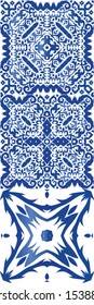 Ornamental azulejo portugal tiles decor. Stylish design. Set of vector seamless patterns. Blue gorgeous flower folk prints for linens, smartphone cases, scrapbooking, bags or T-shirts.