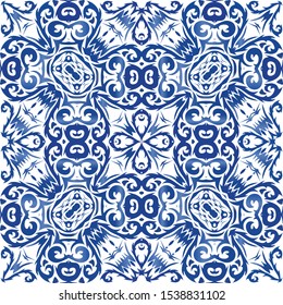 Ornamental azulejo portugal tiles decor. Modern design. Vector seamless pattern poster. Blue gorgeous flower folk print for linens, smartphone cases, scrapbooking, bags or T-shirts.