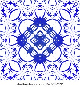Ornamental azulejo portugal tiles decor. Vector seamless pattern watercolor. Stylish design. Blue gorgeous flower folk print for linens, smartphone cases, scrapbooking, bags or T-shirts.