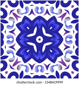 Ornamental azulejo portugal tiles decor. Vector seamless pattern theme. Geometric design. Blue gorgeous flower folk print for linens, smartphone cases, scrapbooking, bags or T-shirts.