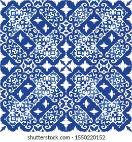 Ornamental azulejo portugal tiles decor. Vector seamless pattern watercolor. Colored design. Blue gorgeous flower folk print for linens, smartphone cases, scrapbooking, bags or T-shirts.