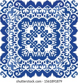 Ornamental azulejo portugal tiles decor. Vector seamless pattern arabesque. Kitchen design. Blue gorgeous flower folk print for linens, smartphone cases, scrapbooking, bags or T-shirts.