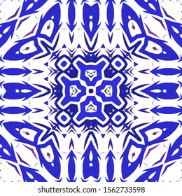 Ornamental azulejo portugal tiles decor. Vector seamless pattern trellis. Geometric design. Blue gorgeous flower folk print for linens, smartphone cases, scrapbooking, bags or T-shirts.