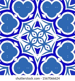 Ornamental azulejo portugal tiles decor. Vector seamless pattern template. Stylish design. Blue gorgeous flower folk print for linens, smartphone cases, scrapbooking, bags or T-shirts.