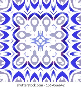Ornamental azulejo portugal tiles decor. Colored design. Vector seamless pattern trellis. Blue gorgeous flower folk print for linens, smartphone cases, scrapbooking, bags or T-shirts.